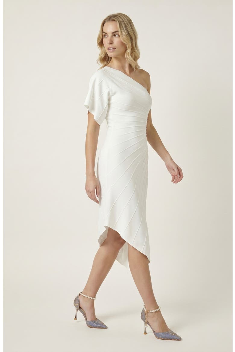 One Shoulder Knitted Dress with Slim Waist and Flared Hem, Alternate, color, White