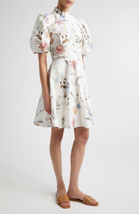 Floral Puff Sleeve Cotton Poplin Dress