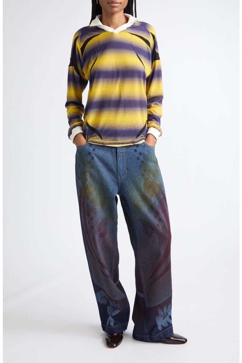Long Sleeve Wool Sport Polo Top, Alternate, color, STRIPED YELLOW AND NAVY