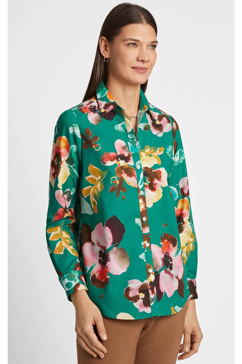 Zoey Watercolor Floral Cotton Button-Up Shirt, Alternate, color, GREEN MULTI