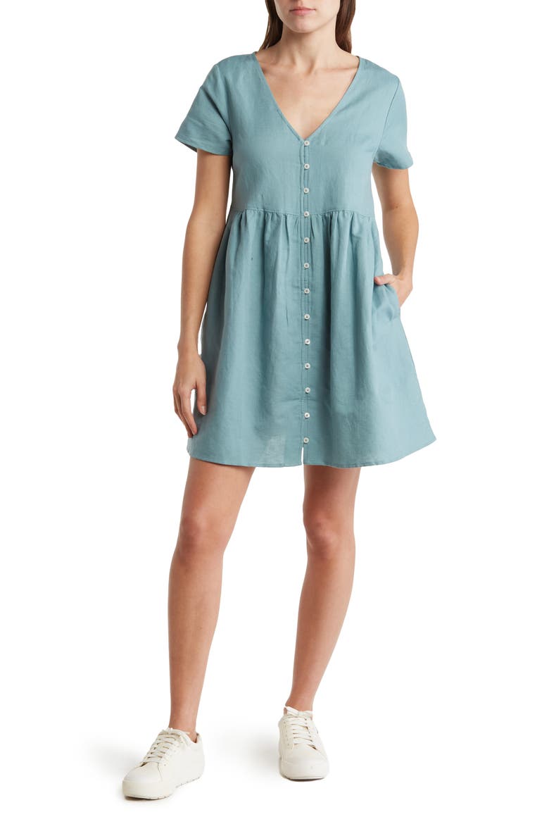 V-Neck Button Front Linen Blend Minidress, Main, color, SUMMER BREEZE