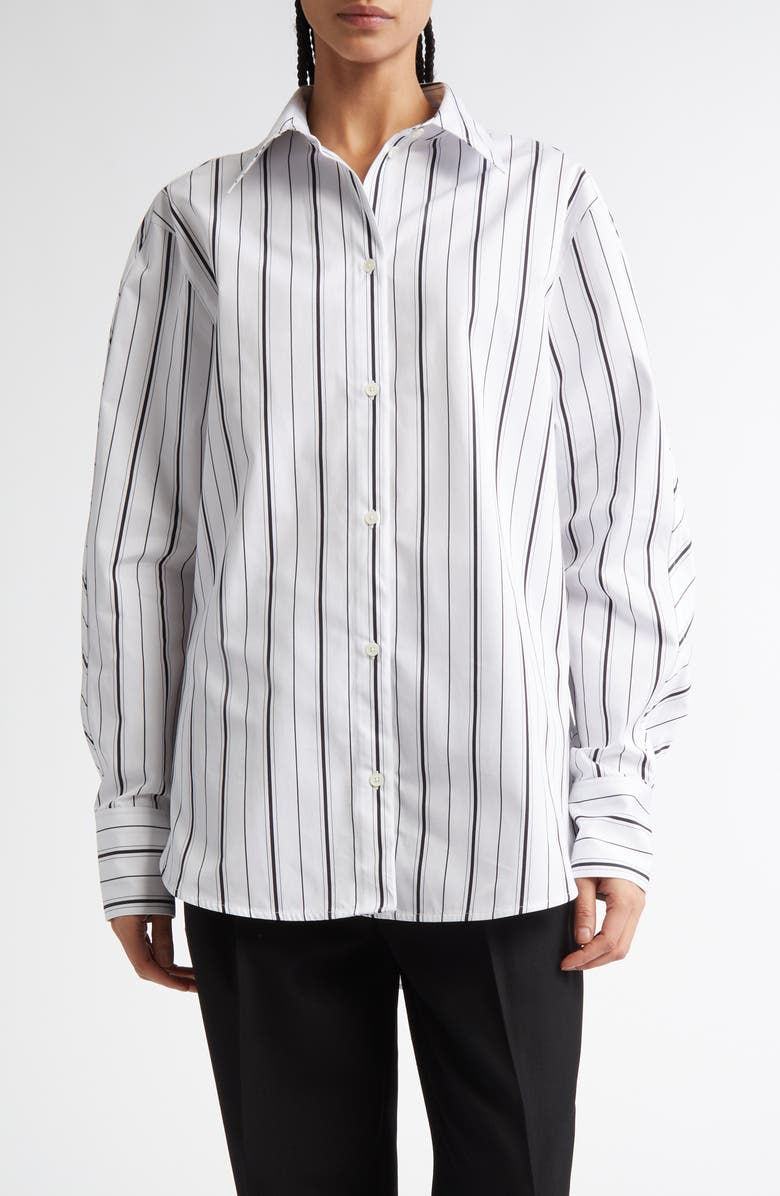 TOTEME Oversize Stripe Organic Cotton Poplin Button-Up Shirt, Main, color, White/ Black