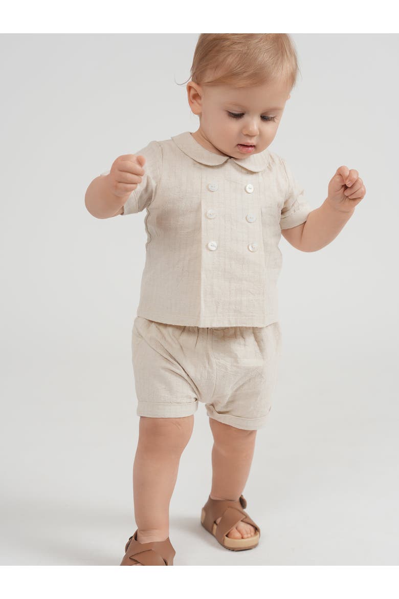 Boy Double Breasted Linen Short Sleeve Top & Elastic Waist Shorts Set, Alternate, color, Linen