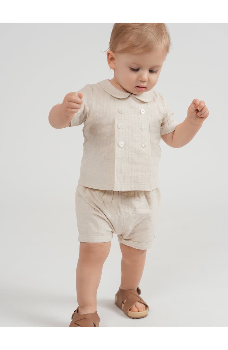 Jolie Capri Boy Double Breasted Linen Short Sleeve Top & Elastic Waist Shorts Set, Alternate, color, Linen