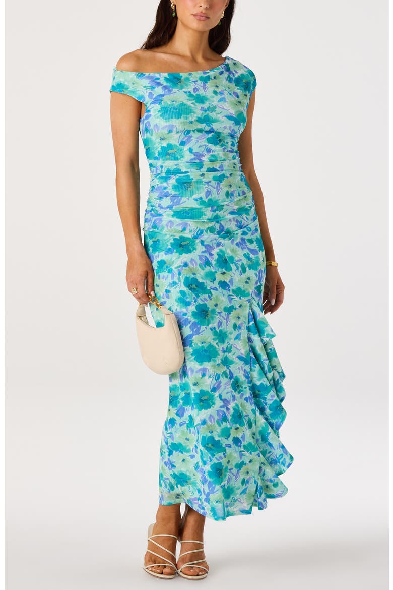 Ruched One-Shoulder Maxi Dress, Alternate, color, BLUE FLORAL