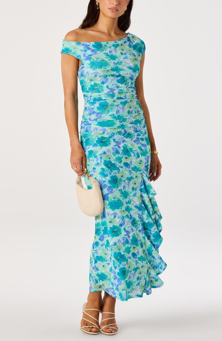 ASTR the Label Ruched One-Shoulder Maxi Dress, Alternate, color, Blue Floral