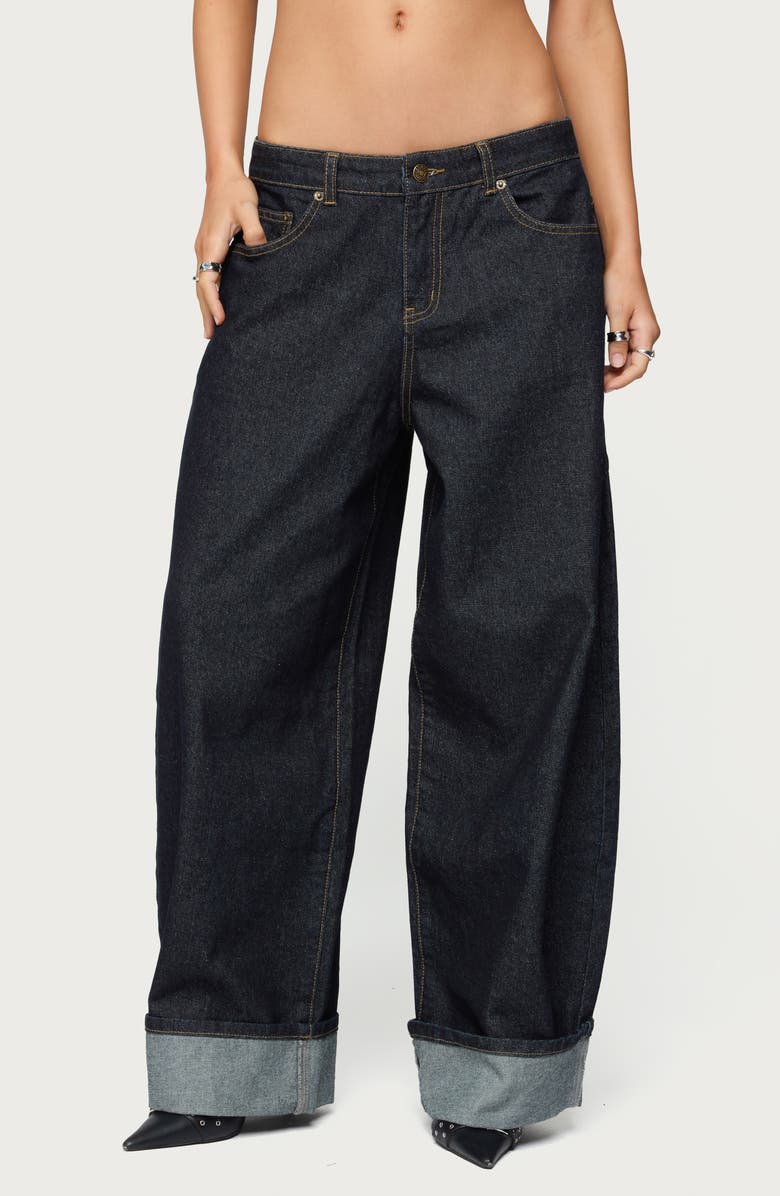 EDIKTED Kella Low Rise Baggy Wide Leg Cuffed Jeans, Main, color, Indigo-Blue-Raw-Wash