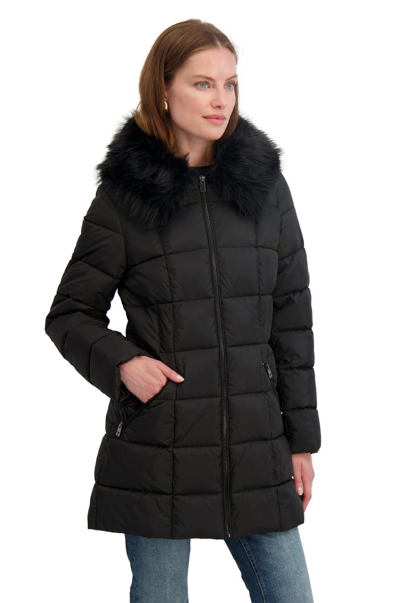 Tahari Brie Faux Fur Puffer Coat, Alternate, color, Black