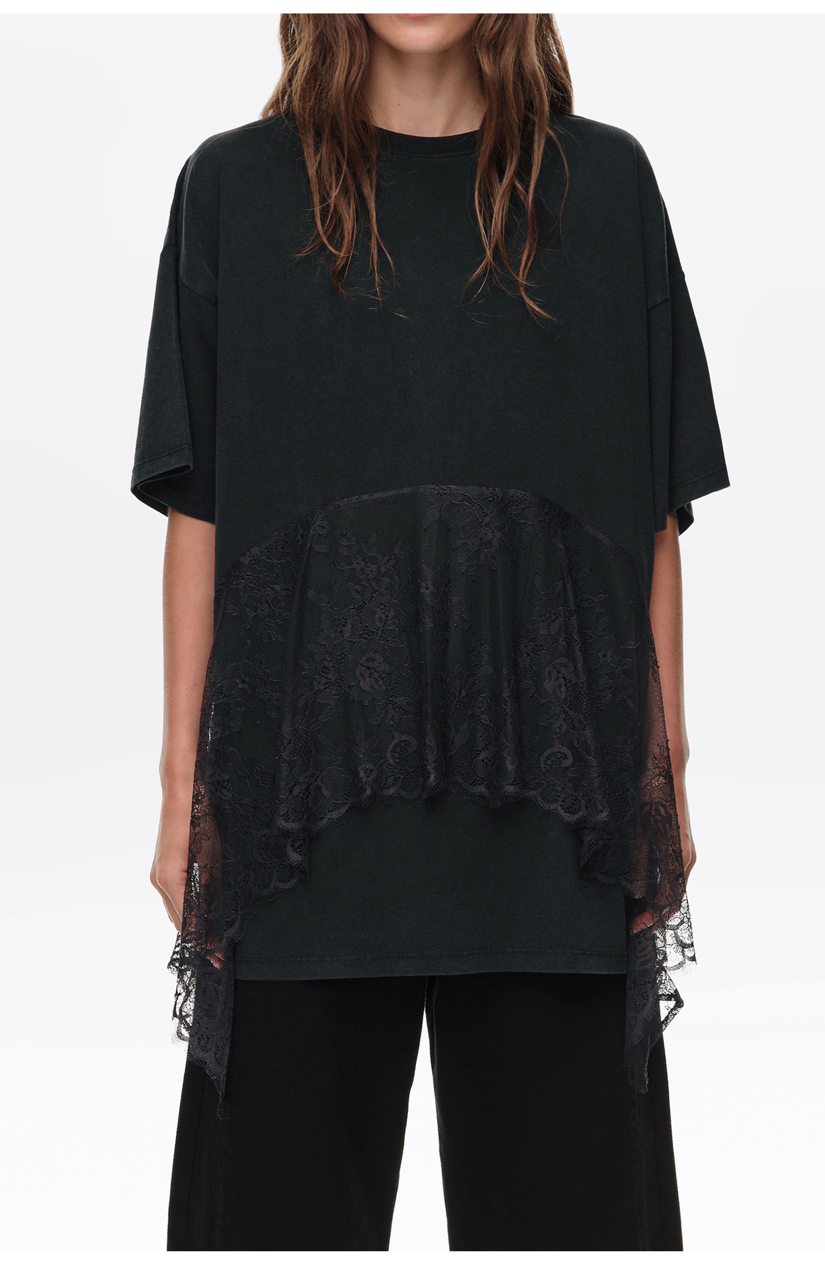 Bimba Y Lola Lace Ruffle Oversized T-shirt In Washed Black