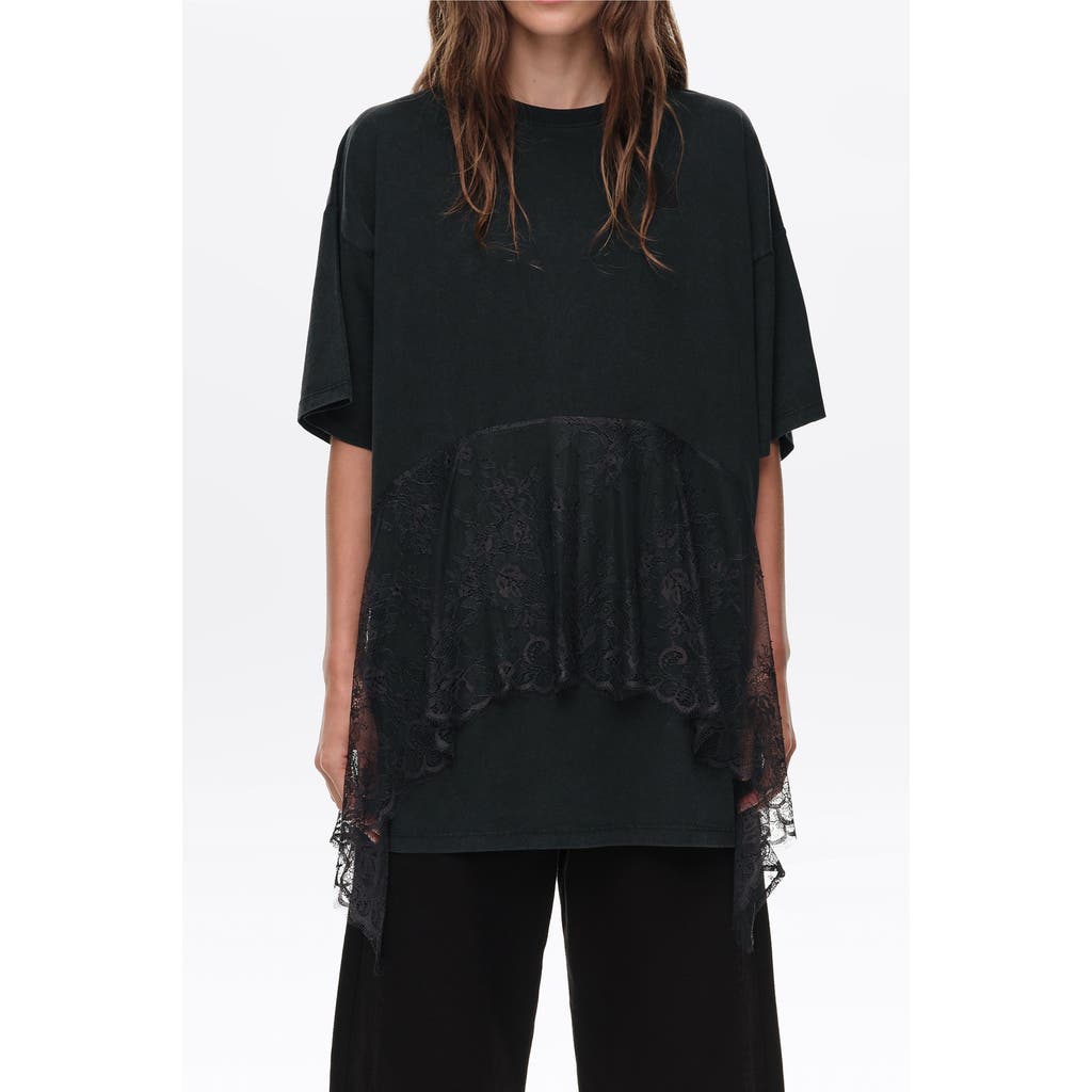 Bimba Y Lola Lace Ruffle Oversized T-shirt In Washed Black