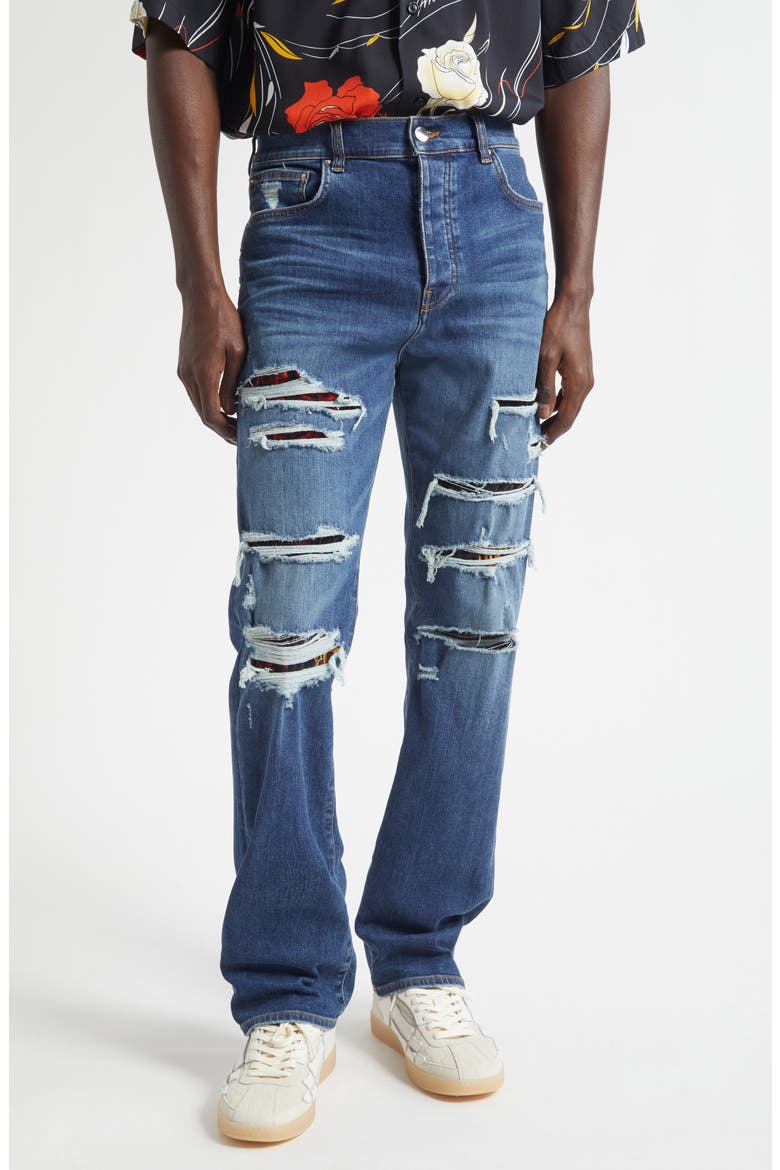 Thrasher Slim Fit Distressed Floral Velvet Patch Jeans, Main, color, DARK INDIGO