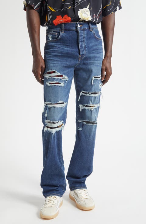 Thrasher Slim Fit Distressed Floral Velvet Patch Jeans (Dark Indigo)