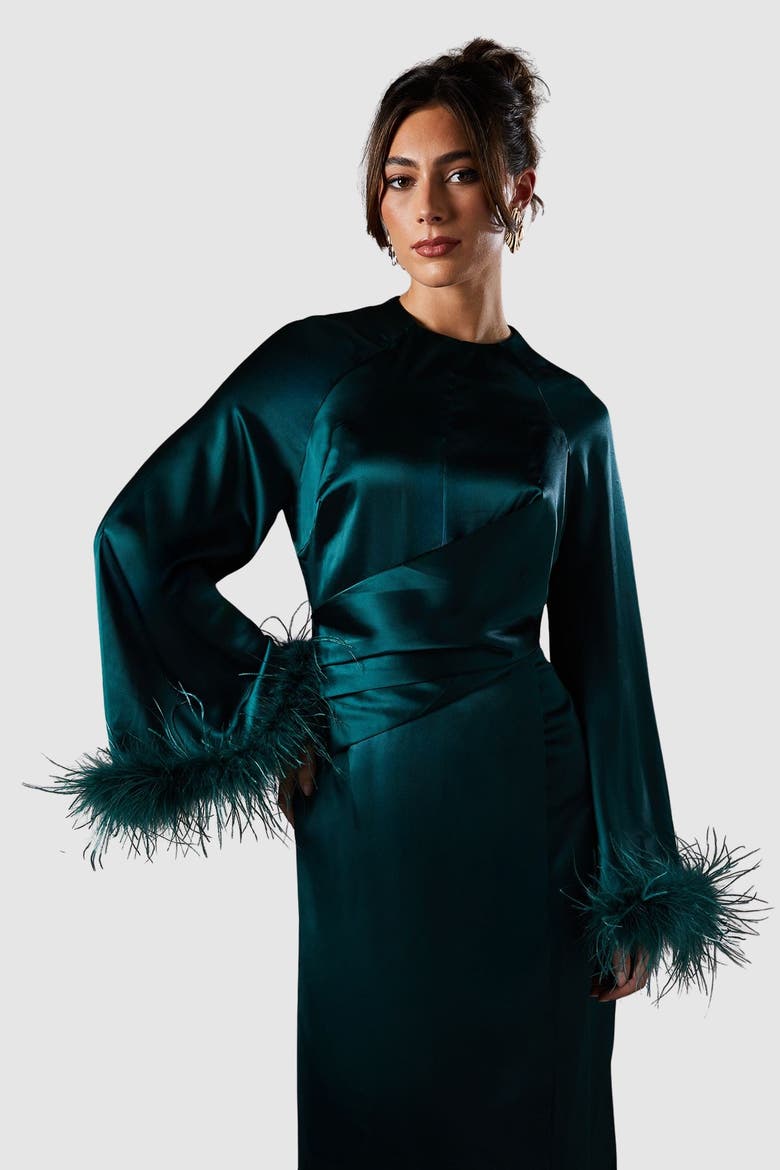 feather trim satin swing dress Black Warehouse Premium Satin Feather High Neck Swing Mini Dress