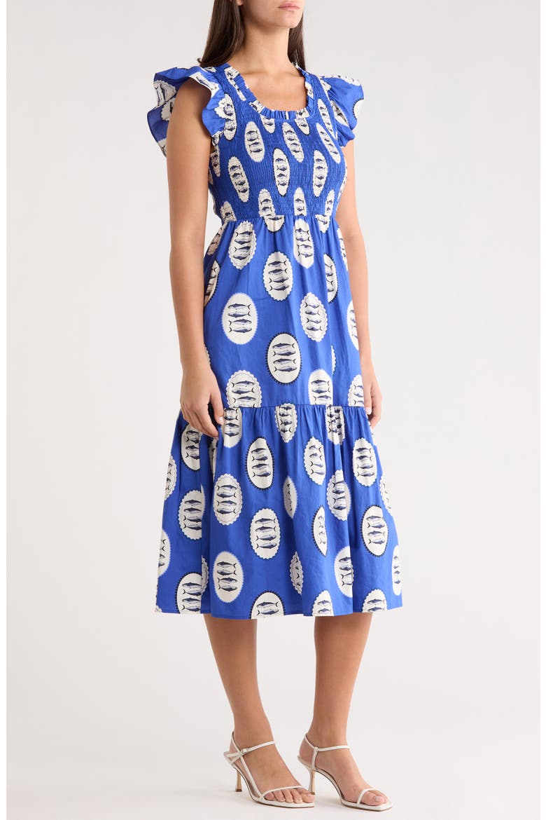 Sardine Sea Glare Smocked Midi Dress, Alternate, color, NAVY-CRM-BLK