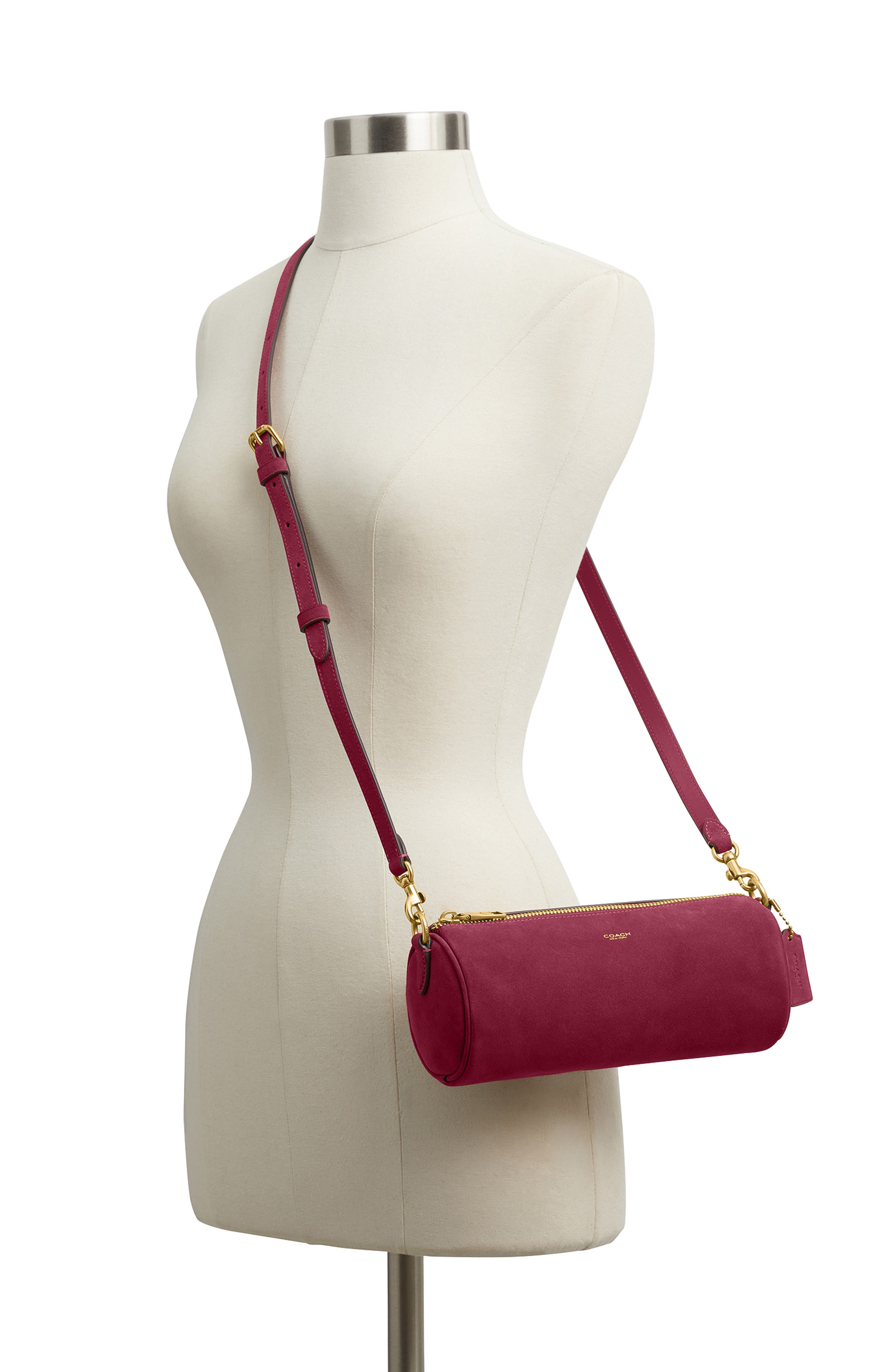 Suede Barrel Bag, Alternate, color, DARK FUCHSIA