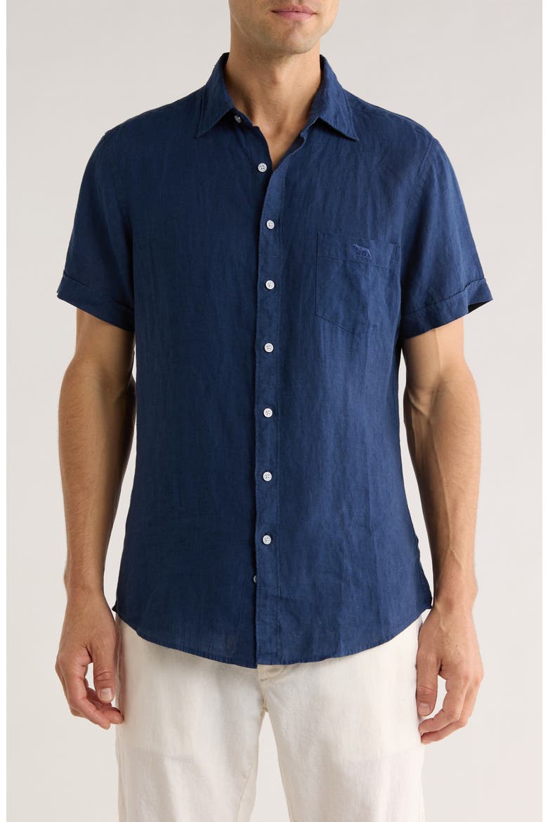 Grey Lynn Linen Short Sleeve Button-Up Shirt, Main, color, NAVY