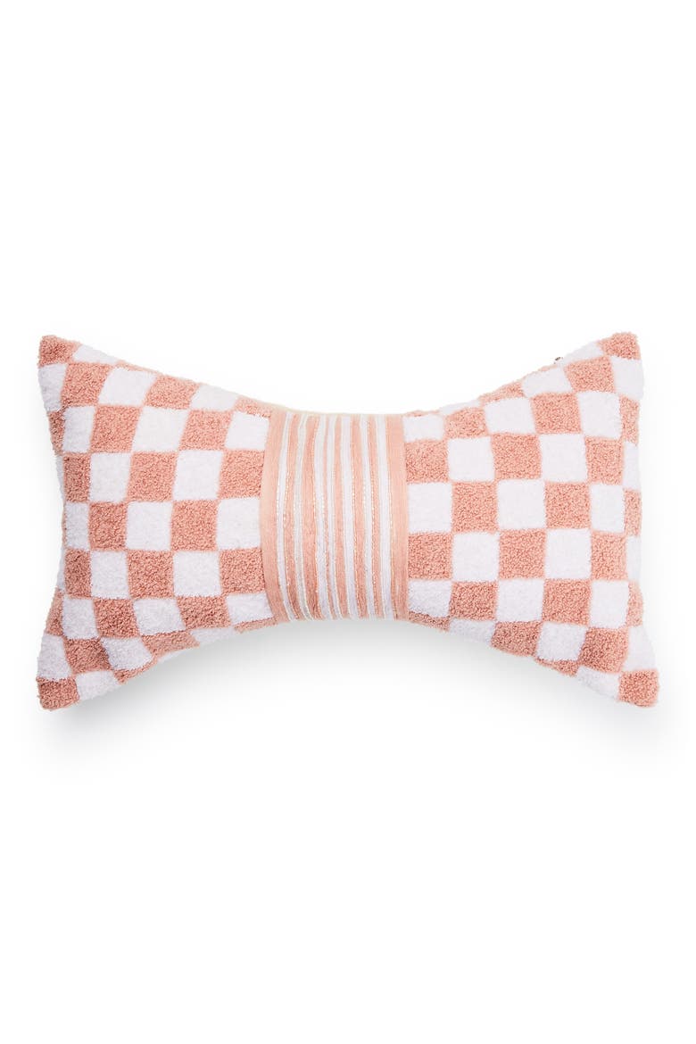 Pink Check Chenille Bow Throw Pillow, Main, color, PINK