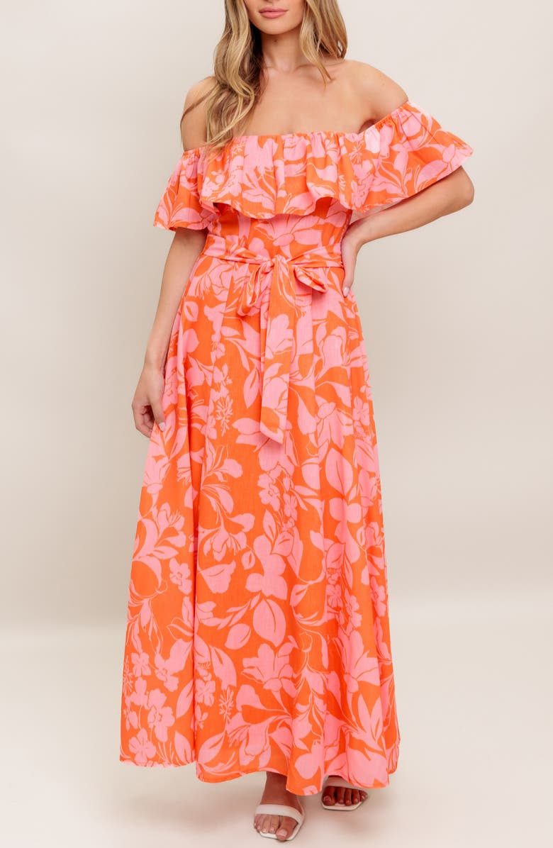 FLYING TOMATO Floral Off the Shoulder Short Sleeve Maxi Dress, Alternate, color, Orange