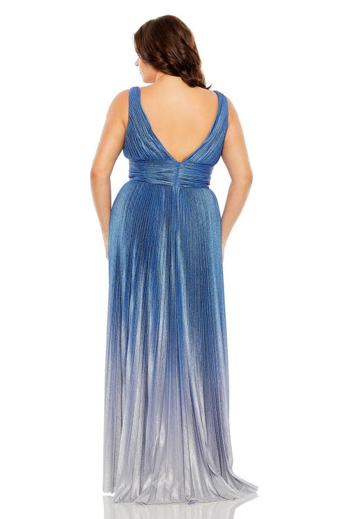 Mac Duggal V-neckline Ombre Pleated Gown In Sapphire Ombre