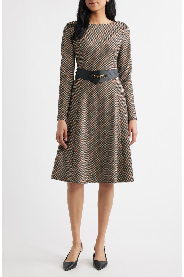Check Bias Cut Long Sleeve Fit & Flare Dress, Main, color, BLACK COGNAC