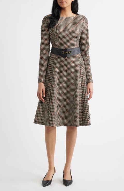 Check Bias Cut Long Sleeve Fit & Flare Dress