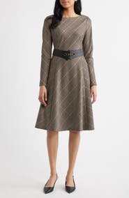 Eliza J Check Bias Cut Long Sleeve Fit & Flare Dress