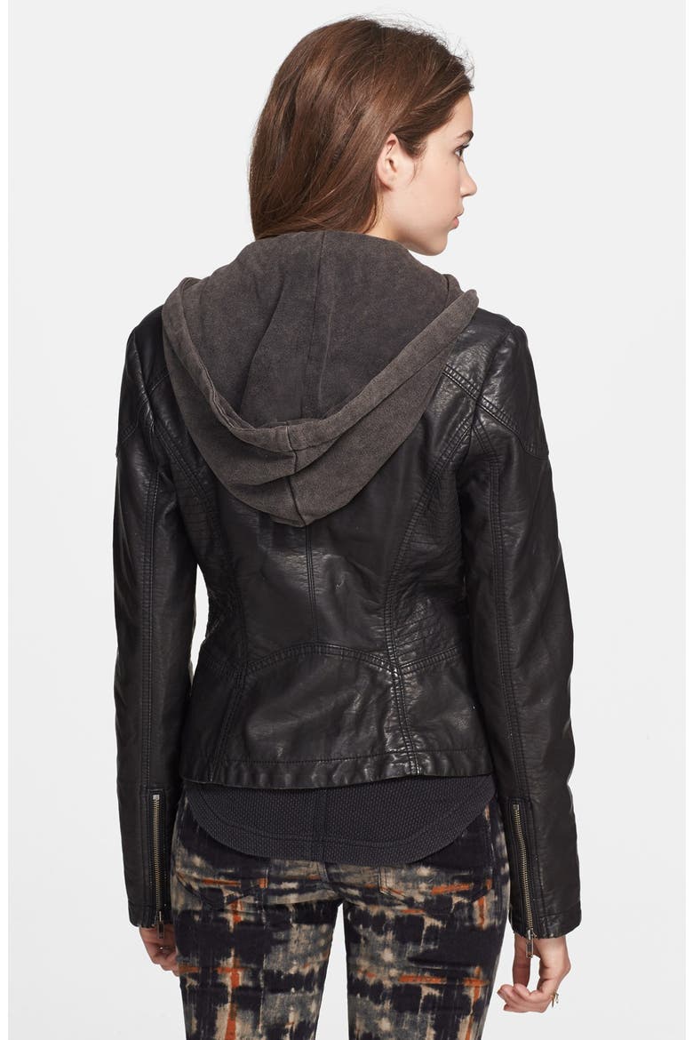 Hooded Faux Leather Moto Jacket, Alternate, color, BLACK