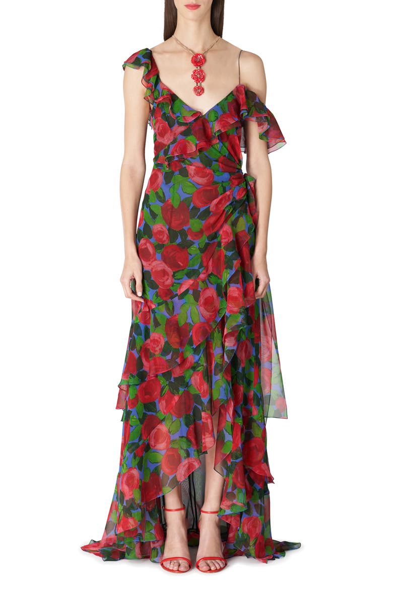 Rose Print Ruffle One Shoulder Silk Gown, Main, color, RED MULTI COLOR