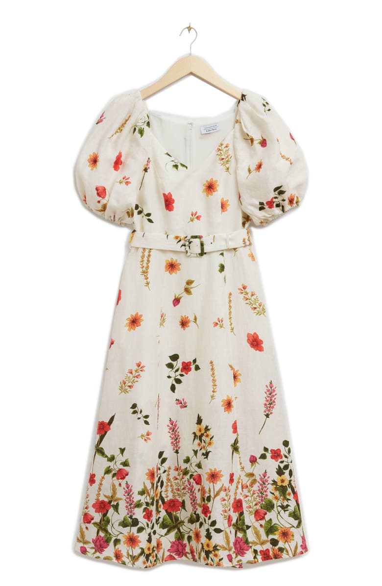 & Other Stories Floral Puff Sleeve Linen Dress, Alternate, color, Red