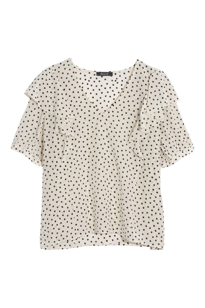 Shoulder Ruffle V-Neck Silk Top, Alternate, color, SCATTERED DOT ANTIQUE CREAM