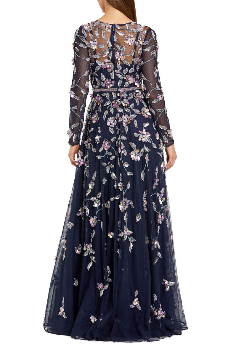Mac Duggal Long Sleeve Mesh Gown With Floral Detail, Alternate, color, Midnight Multi