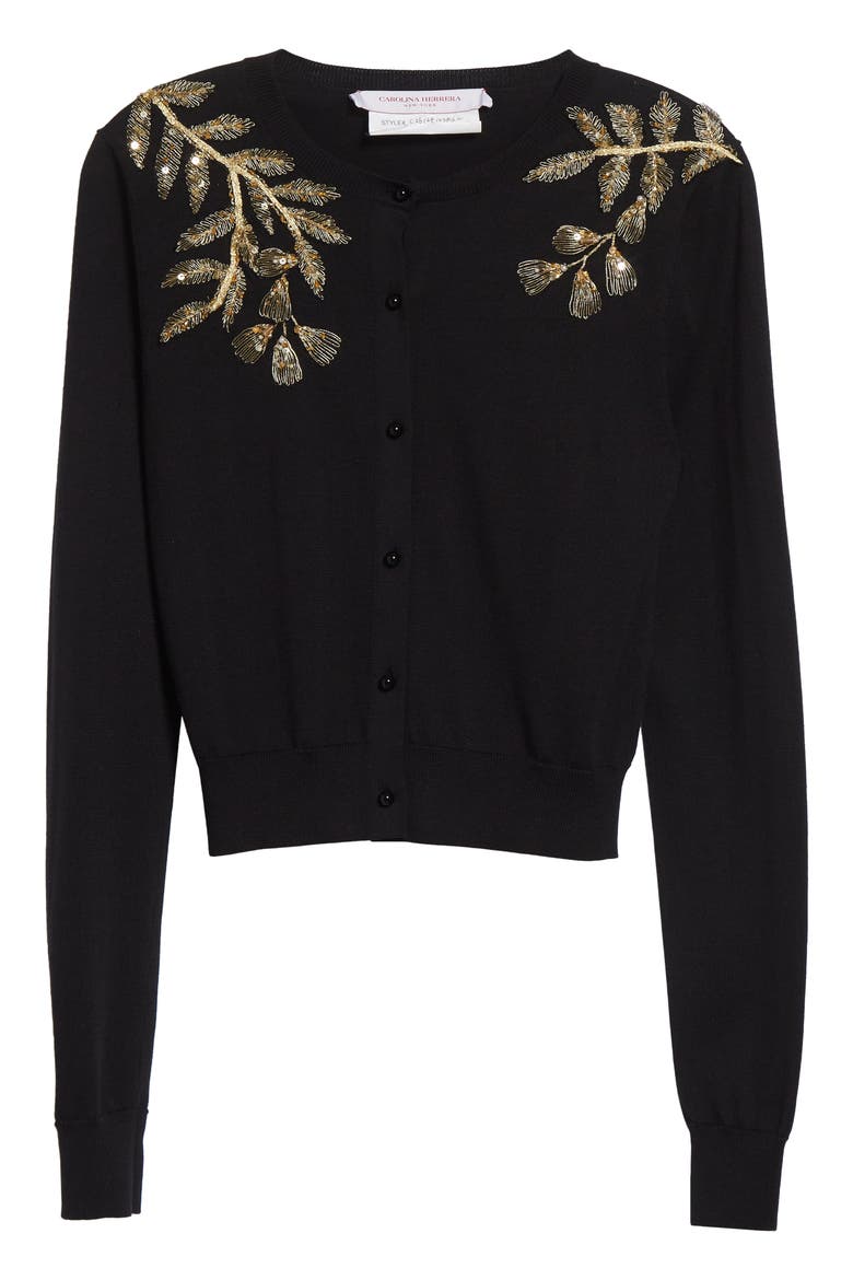 Leaf Embroidered Silk & Cotton Cardigan, Alternate, color, BLACK/ GOLD