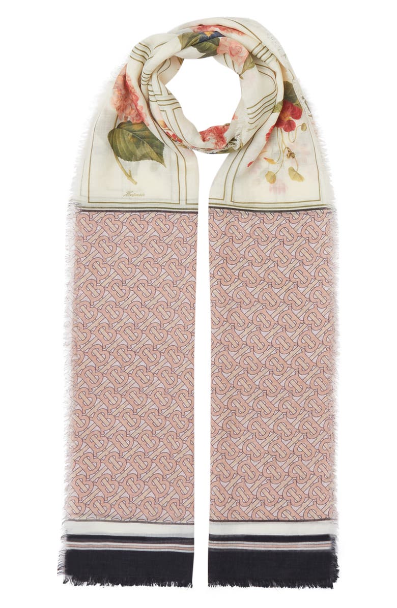 Burberry Monogram & Botanical Print Silk & Wool Scarf, Alternate, color, 