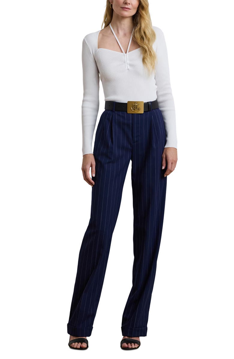 Lauren Ralph Lauren Pinstripe Wool Blend Straight Leg Pants, Alternate, color, Navy/ White