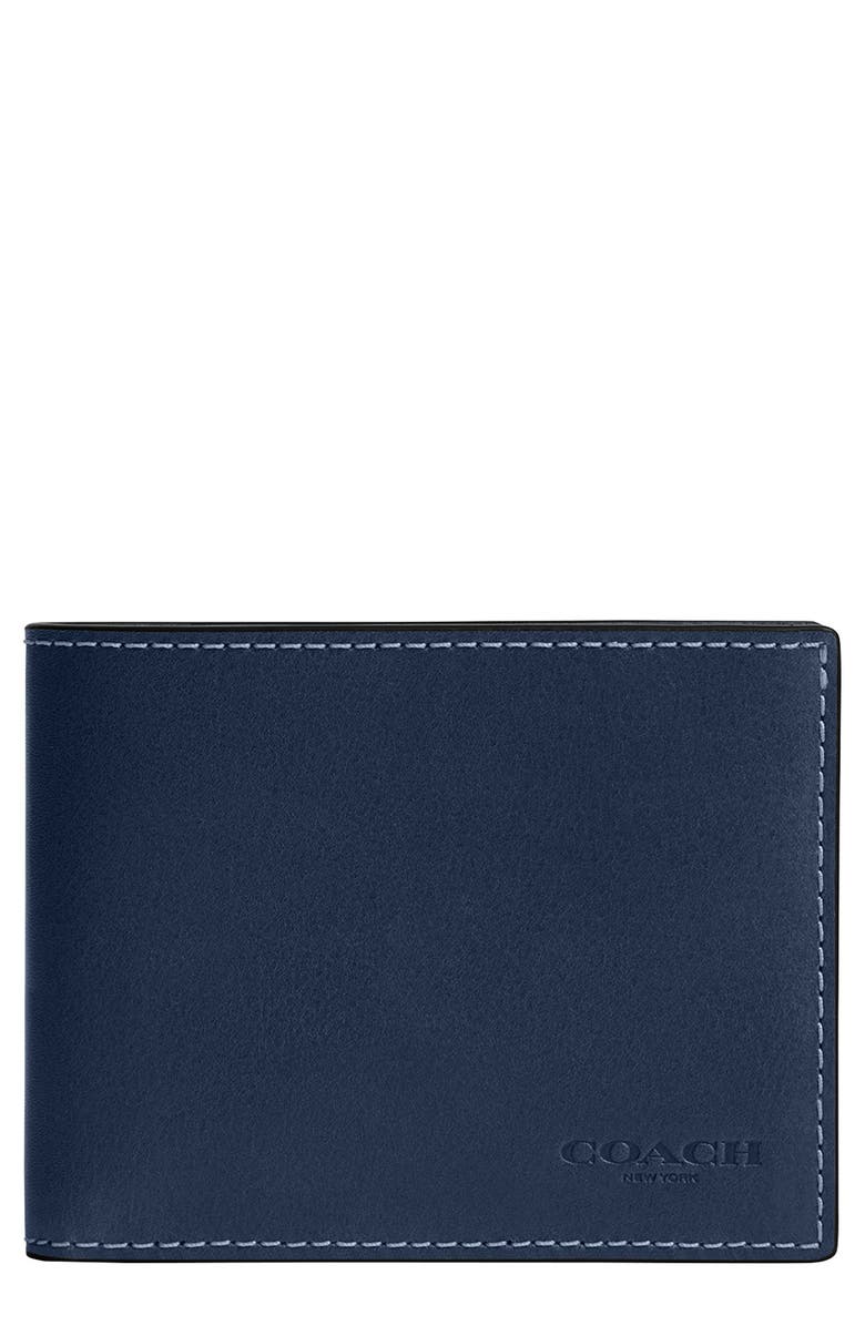 COACH Slim Leather Bifold Wallet, Main, color, Navy.
