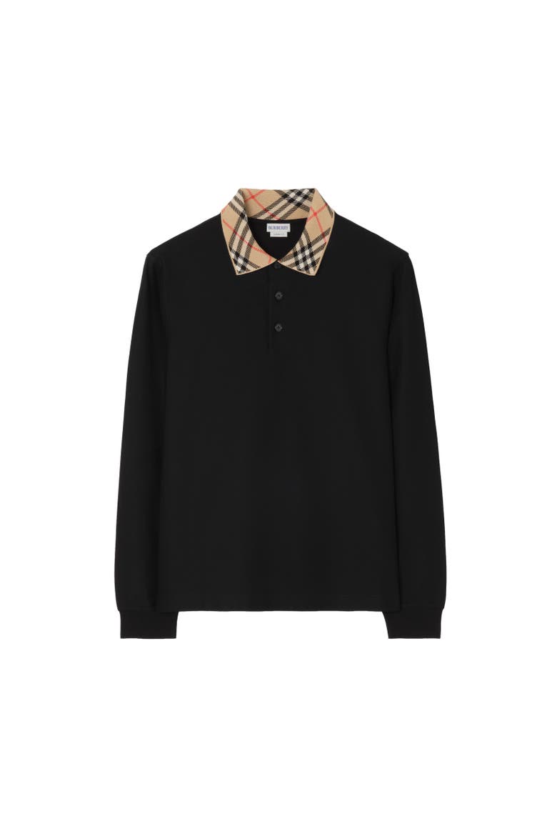 Long-sleeve Check Collar Cotton Polo Shirt, Alternate, color, Black