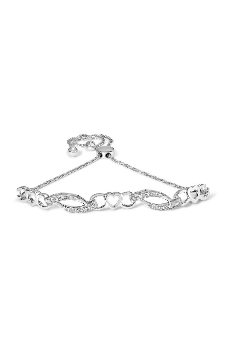 Haus of Brilliance Silver 1/10 Cttw Diamond Heart Link Adjustable Bolo Bracelet, Main, color, White