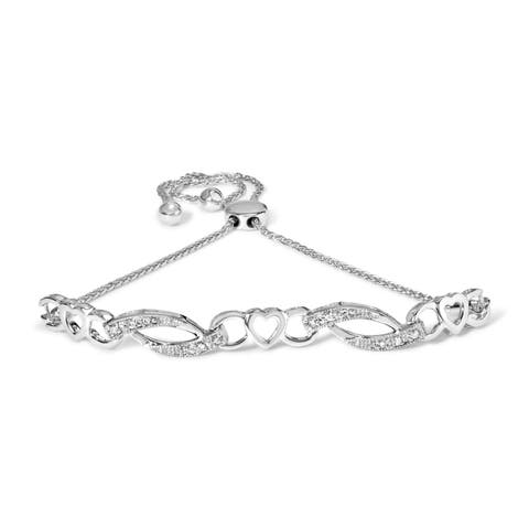 Silver 1/10 Cttw Diamond Heart Link Adjustable Bolo Bracelet