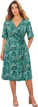 Roaman's Plus Size Short Sleeve Wrap Fit And Flare Dress