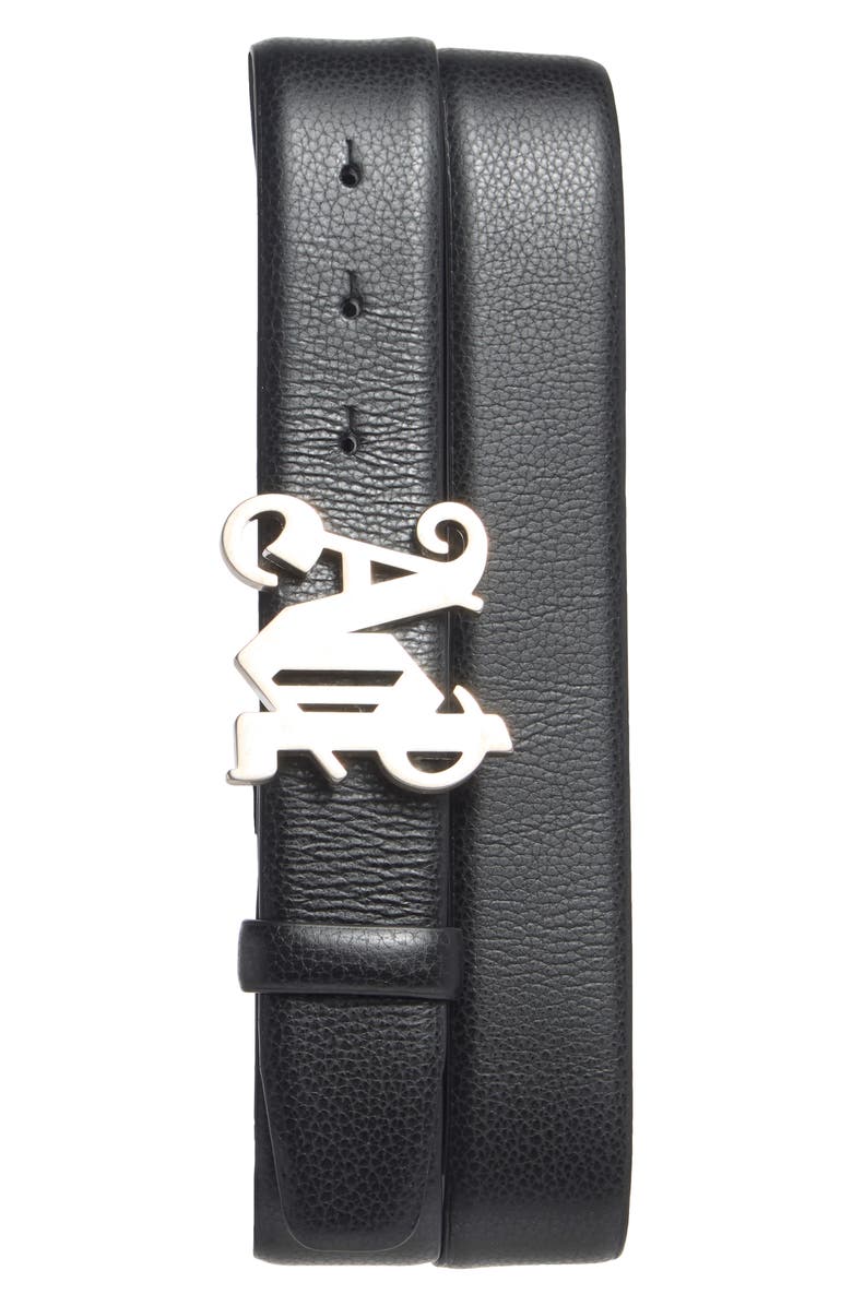 Palm Angels Monogram Buckle Leather Belt, Main, color, Black Black