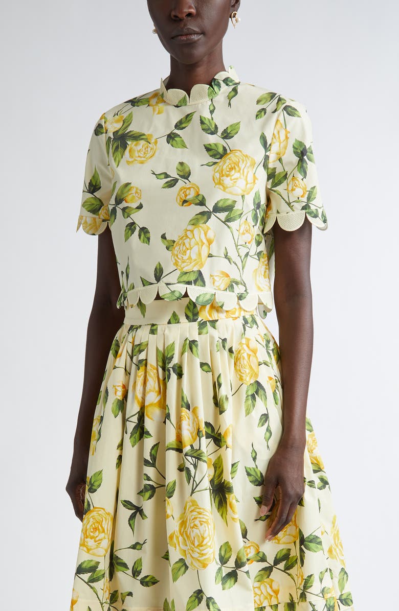 Oscar de la Renta English Rose Print Stretch Cotton Crop Top, Main, color, Yellow/ Soft Yellow