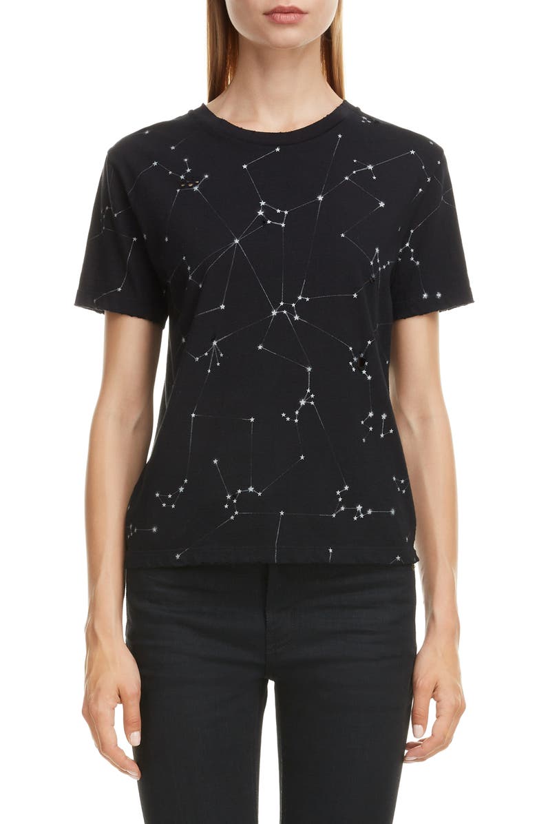Saint Laurent Constellation Print Destroyed Crewneck Tee, Main, color,