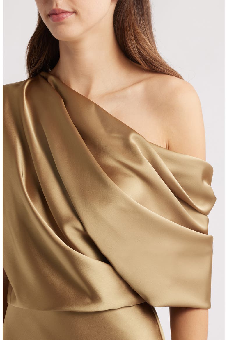 One-Shoulder Fluid Satin Cocktail Midi Dress, Alternate, color, GOLD