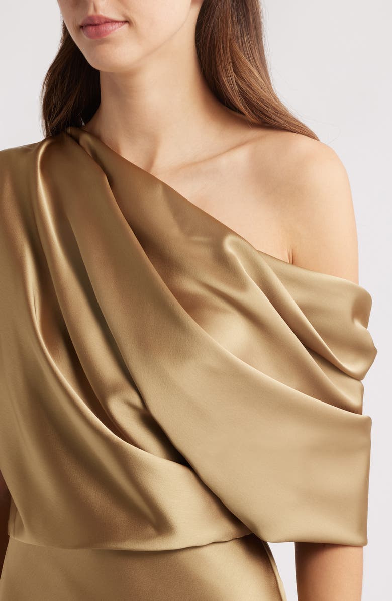 Amsale One-Shoulder Fluid Satin Cocktail Midi Dress, Alternate, color, Gold