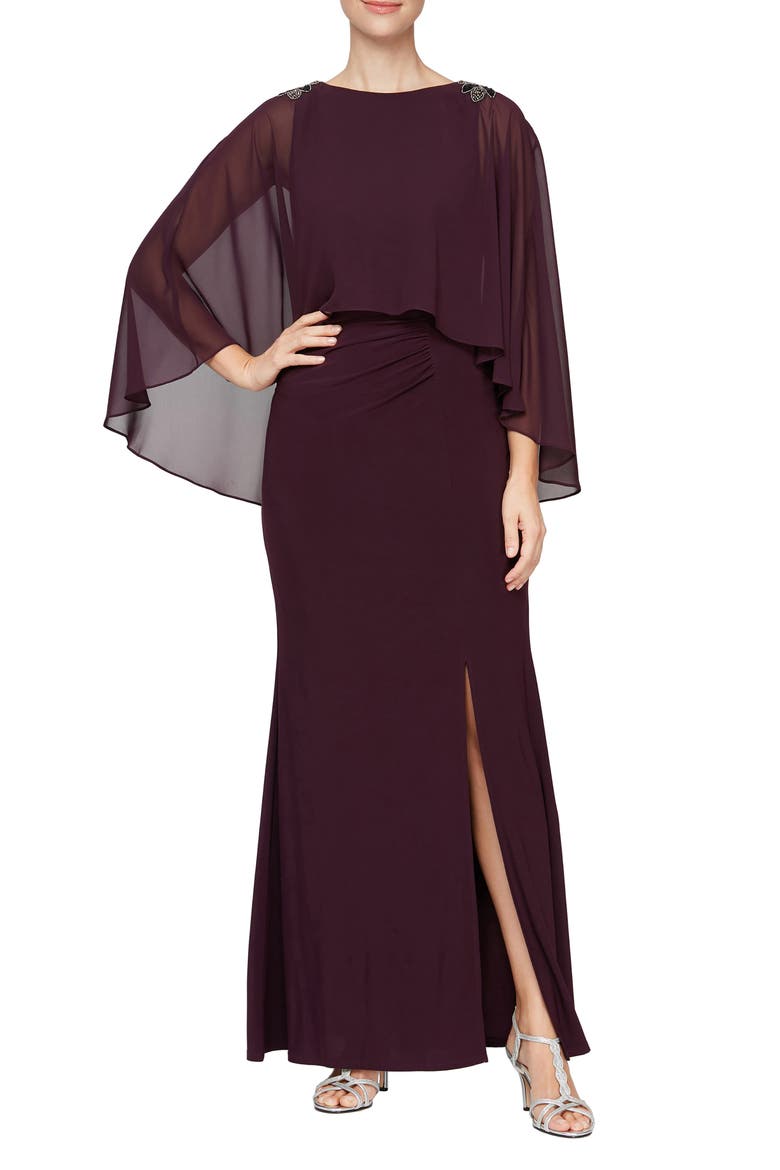 High-Low Popover Front Slit Shoulder Embellishment Detail Long Gown, Main, color, AUB