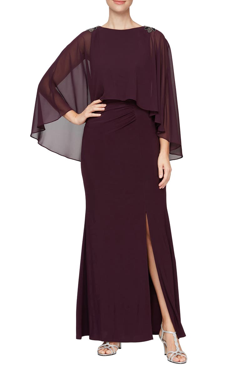 SL FASHIONS High-Low Popover Front Slit Shoulder Embellishment Detail Long Gown, Main, color, 