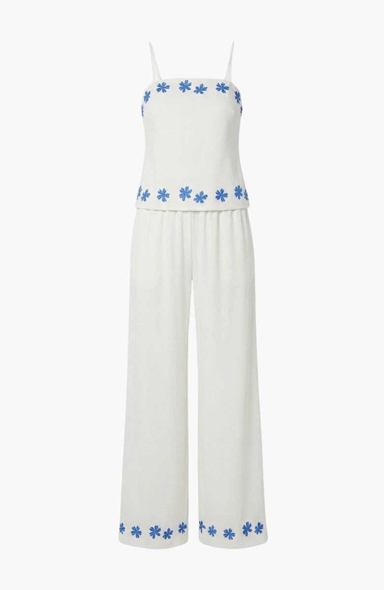 Modenaire Embroidered Camisole and Wide-Leg Pant Set with Floral Hem, Alternate, color, White