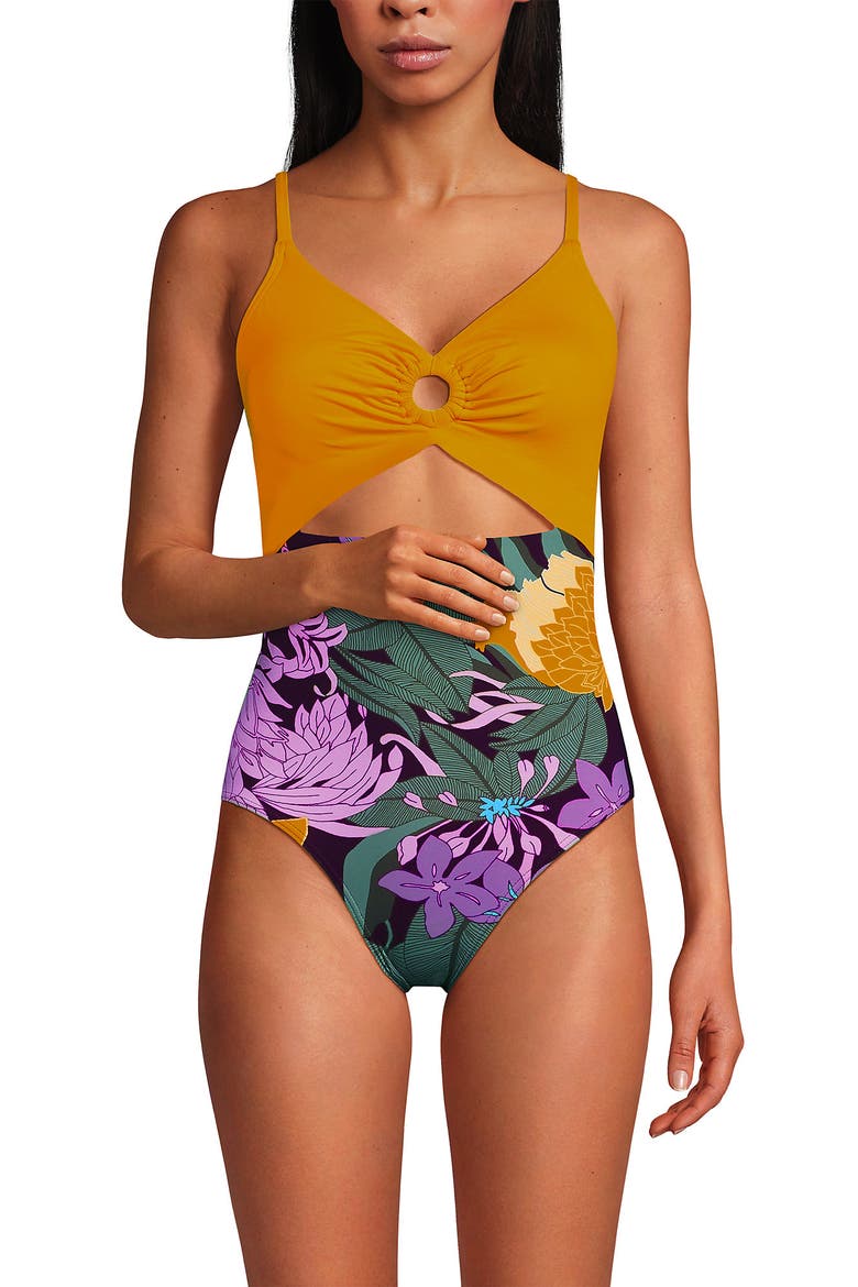 O-Ring Monokini One Piece Swimsuit, Main, color, Dark Wine Floral Bloom/Mango