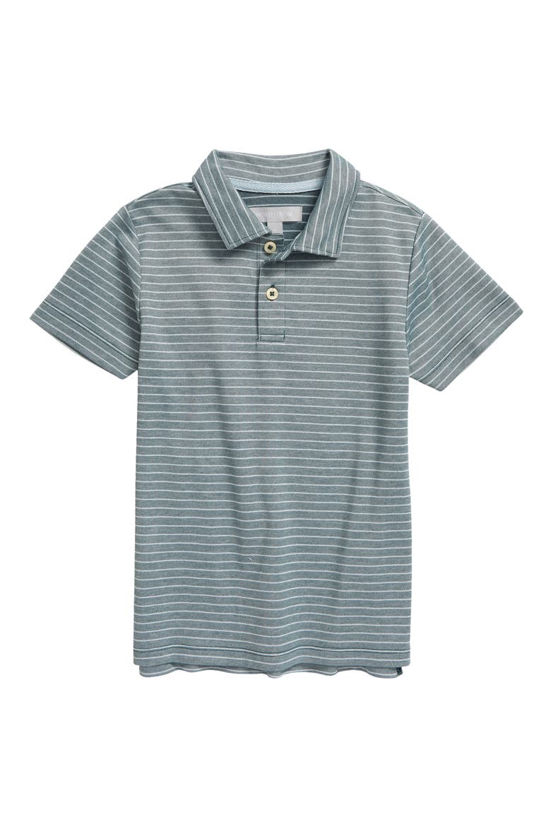 Kids' Performance Stripe Piqué Polo, Main, color, GREEN MOSS- BLUE STRIPE