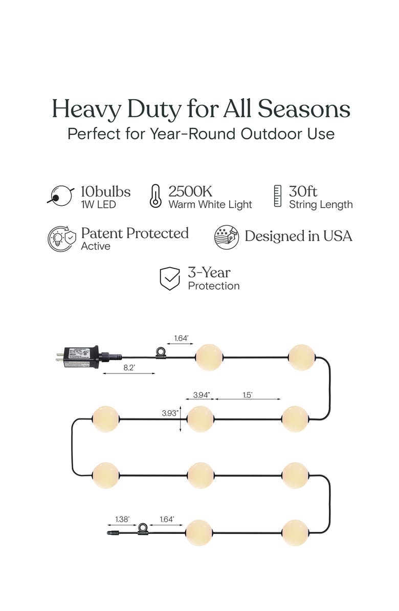 Brightech 30 ft, 10‑light Plug‑In Water‑Resistant LED Outdoor String Lights, White Frosted Plastic Orb Patented Design, Alternate, color, Classic Black | 10 Bulbs